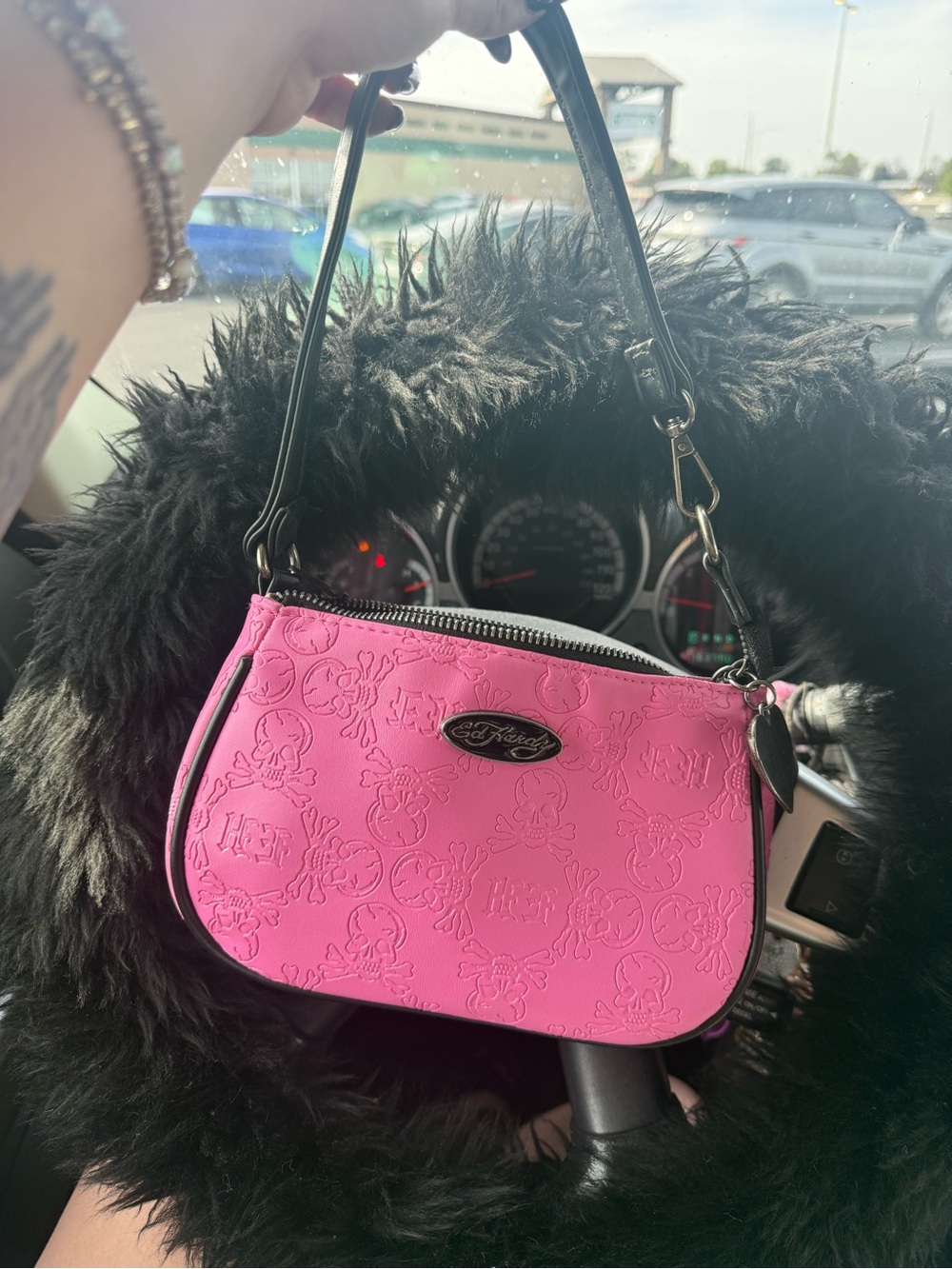 Ed Hardy Hot Pink Embossed Mini Shoulder Bag with Black Strap